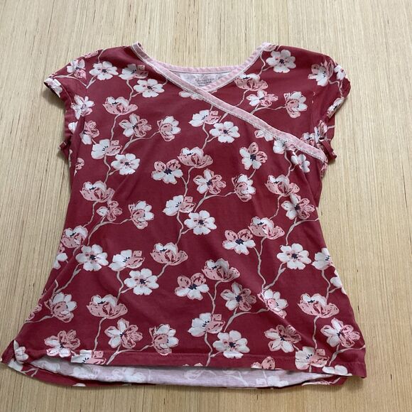 Garnet Hill Asian Wrap Sleep Top Dusty Rose Rust Flower Small Organic Cotton - Picture 1 of 5